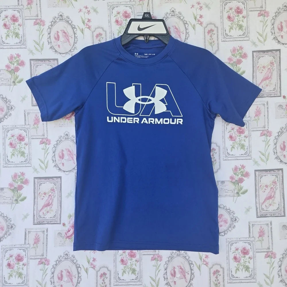 Under Armour Boys Shirt Youth Medium YMD Royal Blue Short‎ Sleeve Big LogoLoose